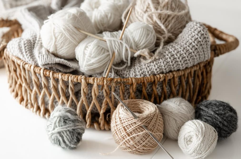 A wicker basket filled with balls of yarn and knitted items