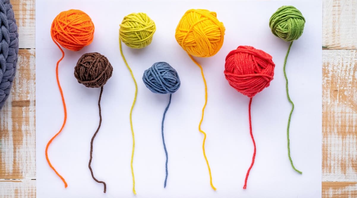 colorful blue, orange, red, and green yarns on the white sheet on the table